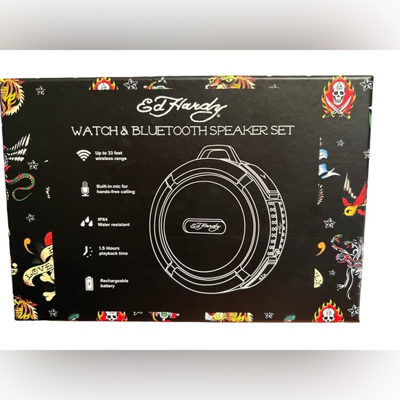 Ed Hardy NWT Gold Tone Black Face Heart ♥️ Kills Skull Watch & Bluetooth Speaker - Picture 3 of 7